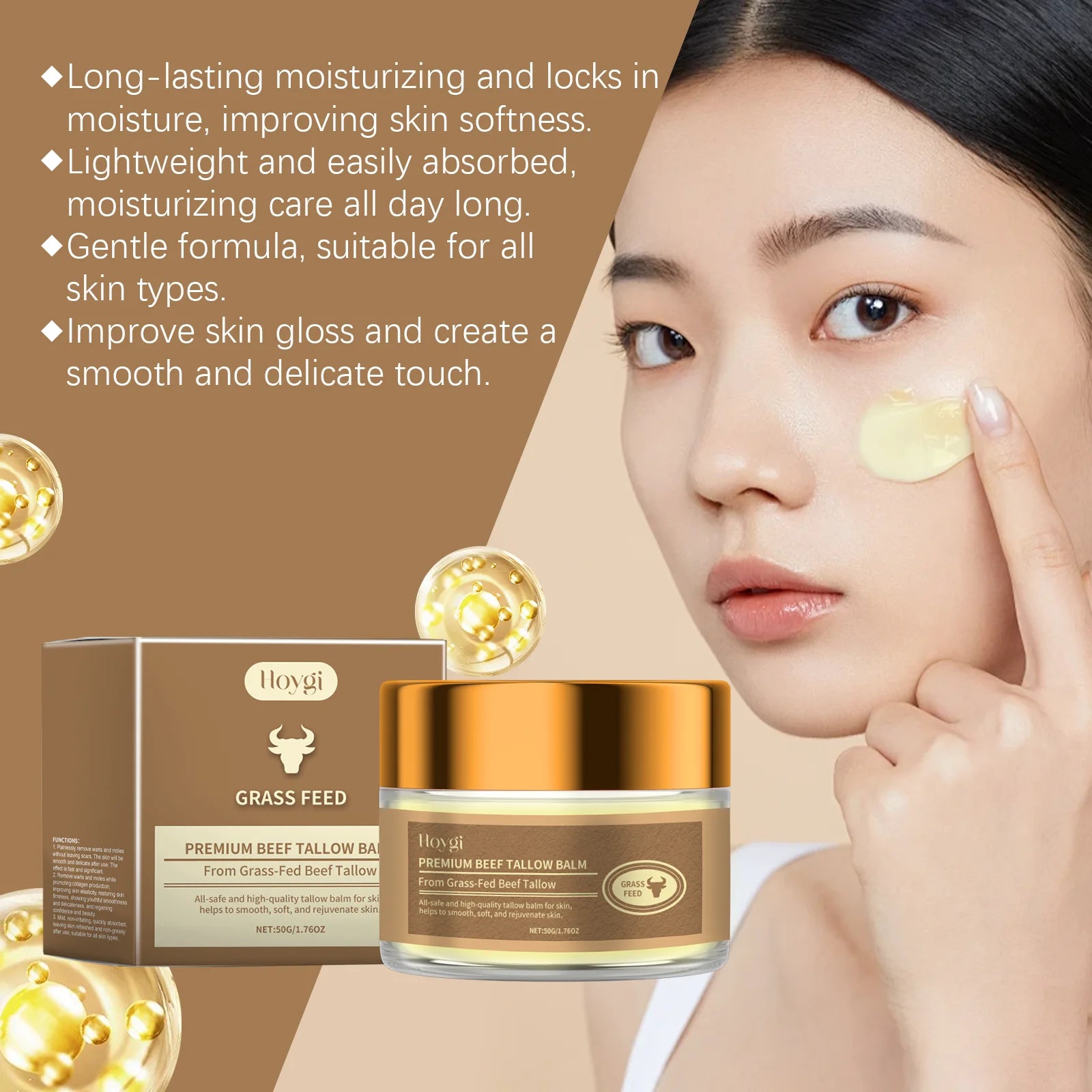 Hoygi 50g Beef Tallow Face Cream Moisturizer Repair Dry Rough Skin Increase Elasticity Hydration Smooth Tallow Nourishing Balm